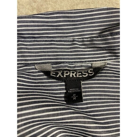 Express Womens Blouse Size Md Button Up Roll Tab Sleeve Grey/White Stripe - Picture 5 of 14